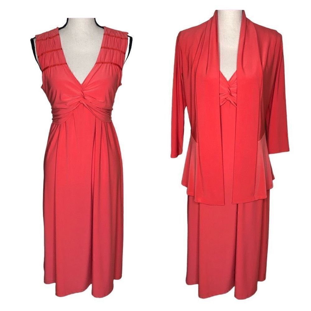 Lana Lee Coral Knit Empire Waist Dress and Jacket Set